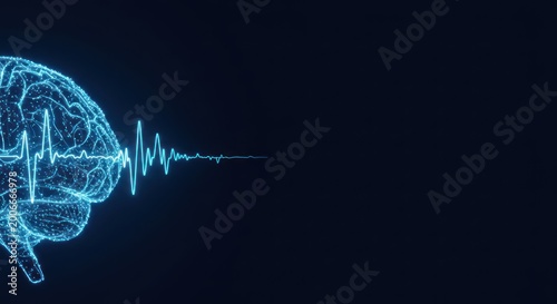 A glowing blue brain with a pulsing heartbeat line emits light on a dark background.