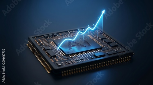 Glowing blue line graph ascends over AI chip on circuit board. Digital arrows point in various directions. Concept shows data, growth, future tech.