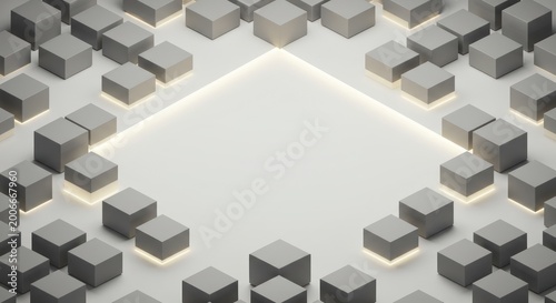 A glowing white square surrounded by numerous gray cubes on a surface.