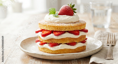 Canvastavla Layered strawberry cream cake with fresh fruit slices, elegant bakery presentati