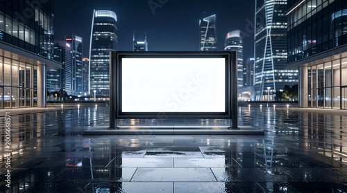A large blank billboard stands prominently in a modern cityscape at night