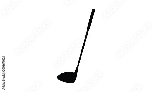 A stark black silhouette of a golf club leaning diagonally on white background