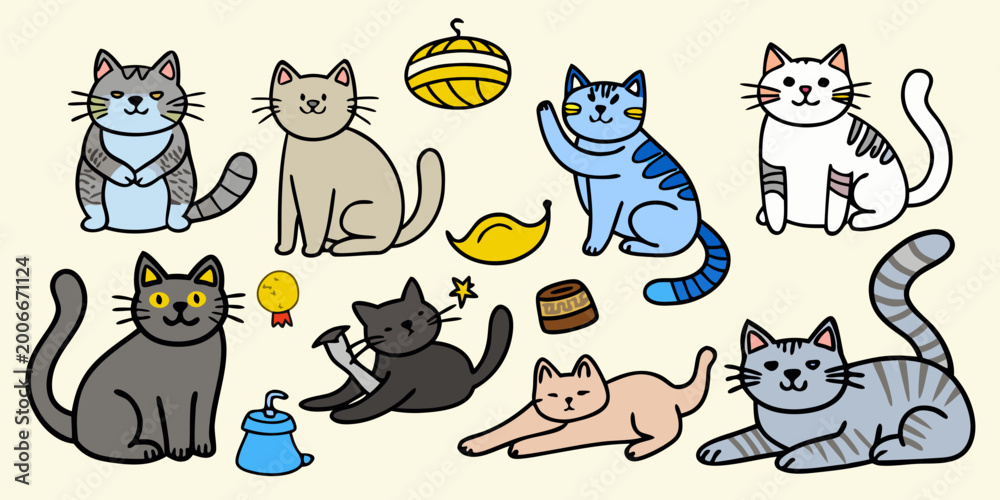 Fototapeta premium Charming collection of hand drawn cats with playful elements like yarn and toys on a light background