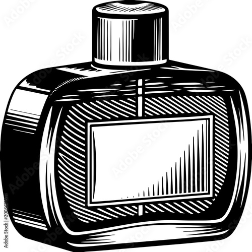 Vintage inkwell illustration in black and white with a blank label for text or design elements retro style engraving