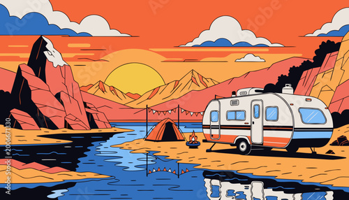 Retro style illustration of a camper van parked by a lake with mountains and a sunset in the background