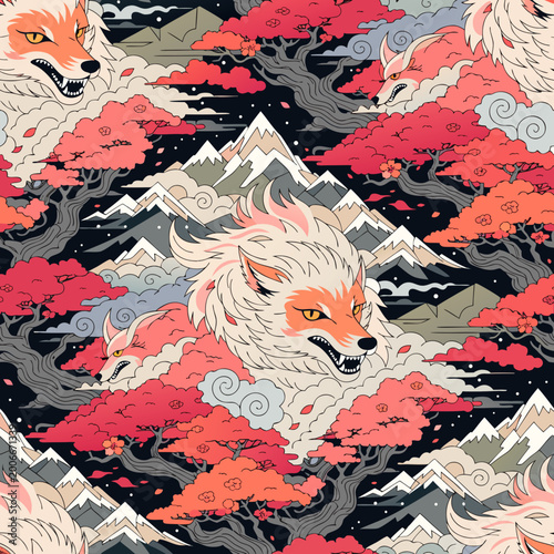 Japanese inspired artwork featuring fierce wolf faces integrated with mountain landscapes and blossoming cherry trees in a traditional style