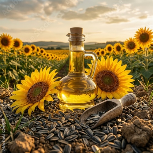 Sunflower oil in a bottle with sunflowers and seeds