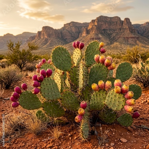 Prickly pear cactus with ripe fruit in desert landscape