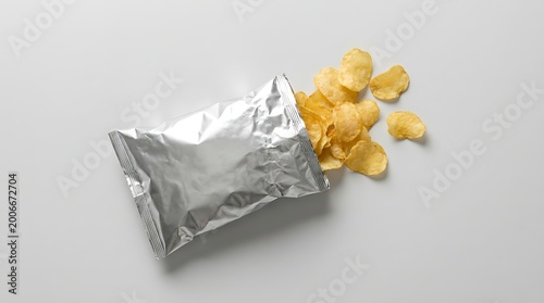Crispy potato chips spilling out of a silver foil snack bag mockup on a white background, top view food photography for branding and packaging design