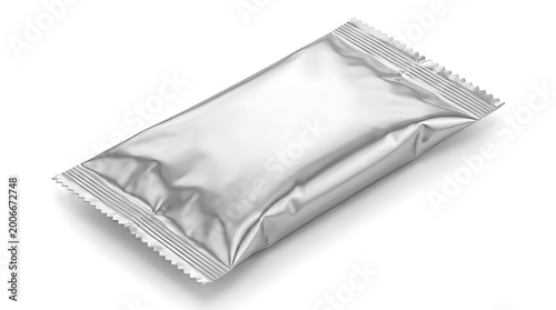 3D render of a glossy aluminum foil pouch for snacks coffee or tea mockup template for product presentation and advertising