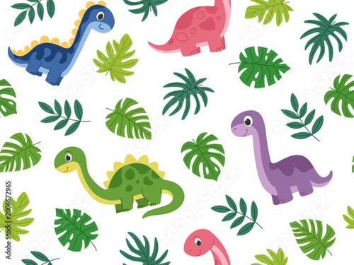 Cute cartoon dinosaurs and tropical leaves seamless pattern. Children's prehistoric background with animals and plants. White background.