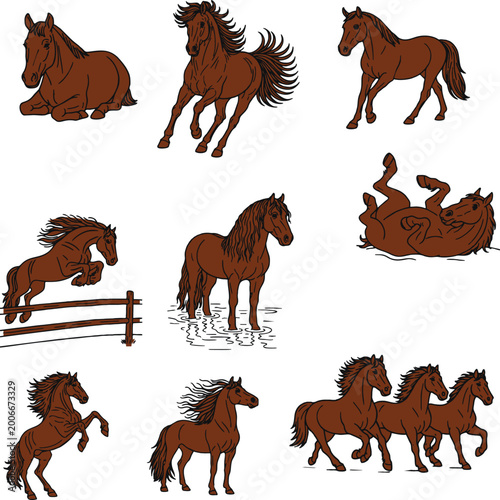 Obraz na płótnie Set of nine horse outline illustrations in different poses including running, standing, jumping, resting, rearing and rolling