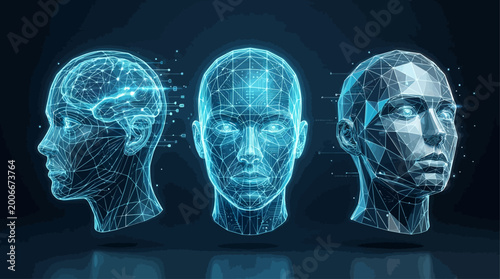 Abstract 3D digital human head set. Poly wireframe mesh technology, vector geometric lines. Design for network connections, futuristic innovation. Business, science and artificial intelligence concept