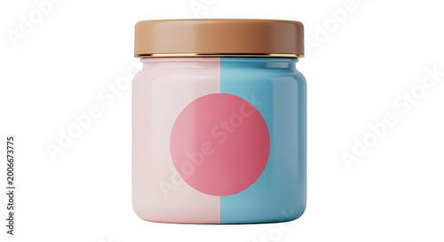 Pink circle on a light blue and pink jar with a wooden lid