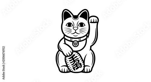 A black and white drawing of a japanese lucky cat