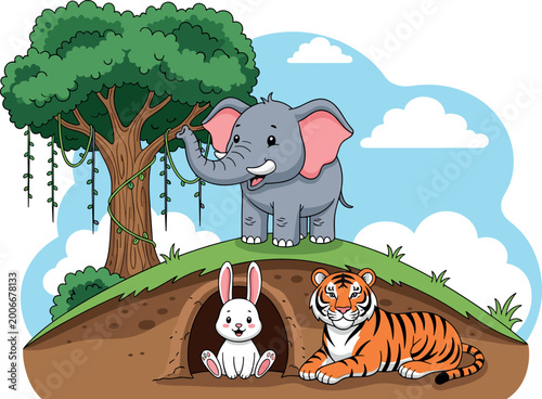 Canvas Print Cute Cartoon Wild Animals Elephant, Tiger and Rabbit Together in Beautiful Fores