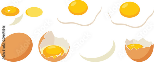 Foto Collection of brown egg icons including whole shell cracked open with yolk and fried sunny side up breakfast elements