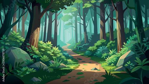 Enchanted Forest Landscape with Path and Magical Light Concept Art