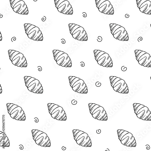 Seamless pattern with cartoon croissants and nuts on white background. French appetizer. Bakery product. Vector outline texture for wallpaper, backdrop, cards and your creativity.