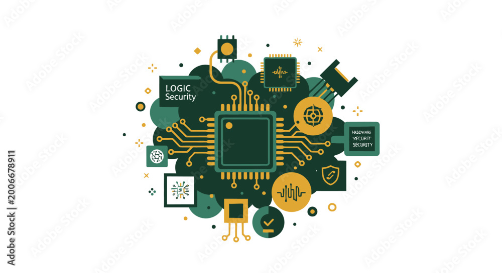 Obraz premium Cybersecurity Hardware and Logic Security Illustration - Stylized Flat Vector Microchip Processor with Digital Protection and Data Privacy Icons on White Background