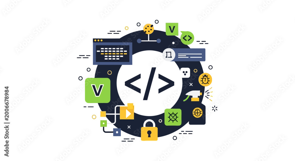 Fototapeta premium Software Development and Programming Flat Vector Illustration with Coding Tags, Security Lock, and Debugging Icons for Web Design and Tech Concepts