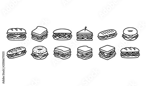 Εκτύπωση καμβά Hand drawn sandwich and submarine icon set food menu line art vector collection