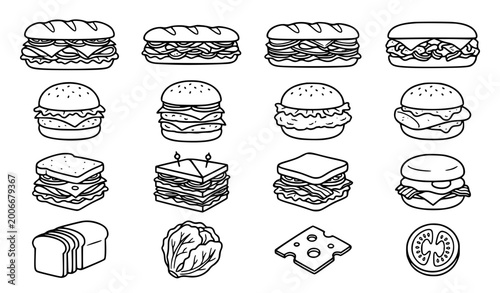 Tableau sur toile Minimal sandwich line icon set submarine food symbols clean outline vector for m