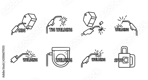 Cuadro en lienzo Set of professional welding icons featuring MIG and TIG processes welding masks sparks and industrial equipment in minimalist thin line vector style for fabrication