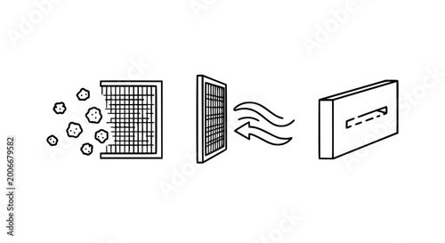 Air filtration and ventilation system icons featuring mesh filters trapping dust particles and clean airflow sequence in minimalist thin line vector style for HVAC concepts.