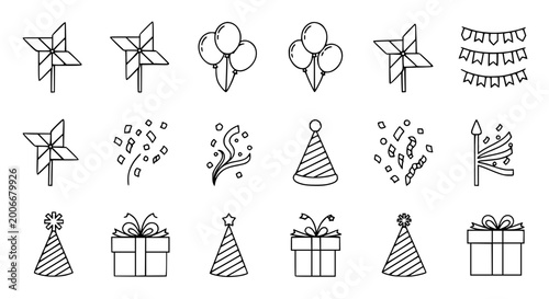 Birthday and party celebration line icon set featuring festive balloons, gift boxes, party hats, confetti, pinwheels, and bunting garlands for holiday events vector illustration.