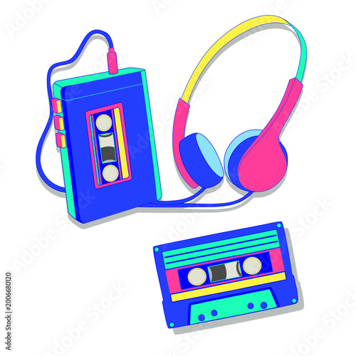 Quadro su tela Retro Portable Music Icons Set, Walkman Cassette Player Headphones Vector, 80s 9