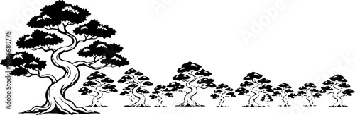 Minimalist black and white vector of a row of bonsai trees