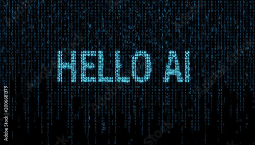 futuristic ai technology greeting with glowing digital matrix background and neon text
