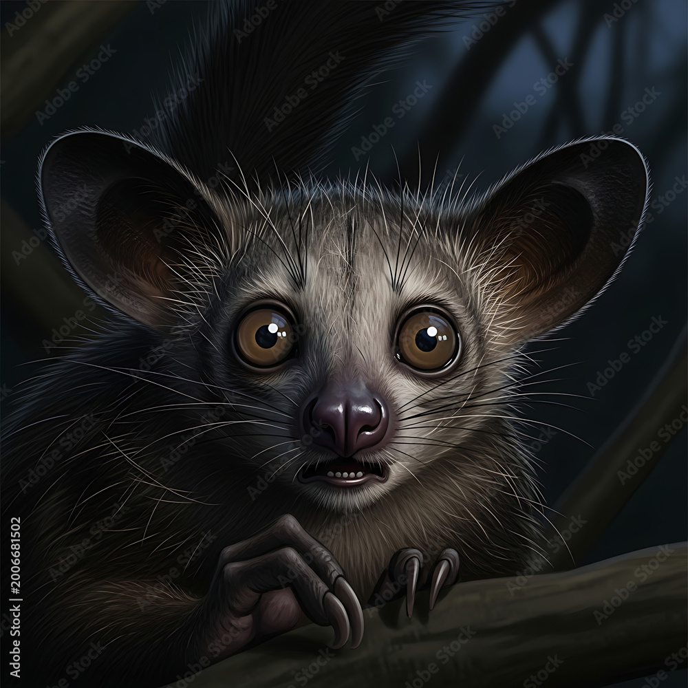 Fototapeta premium Close-up of a wide-eyed aye-aye primate with large ears in a forest