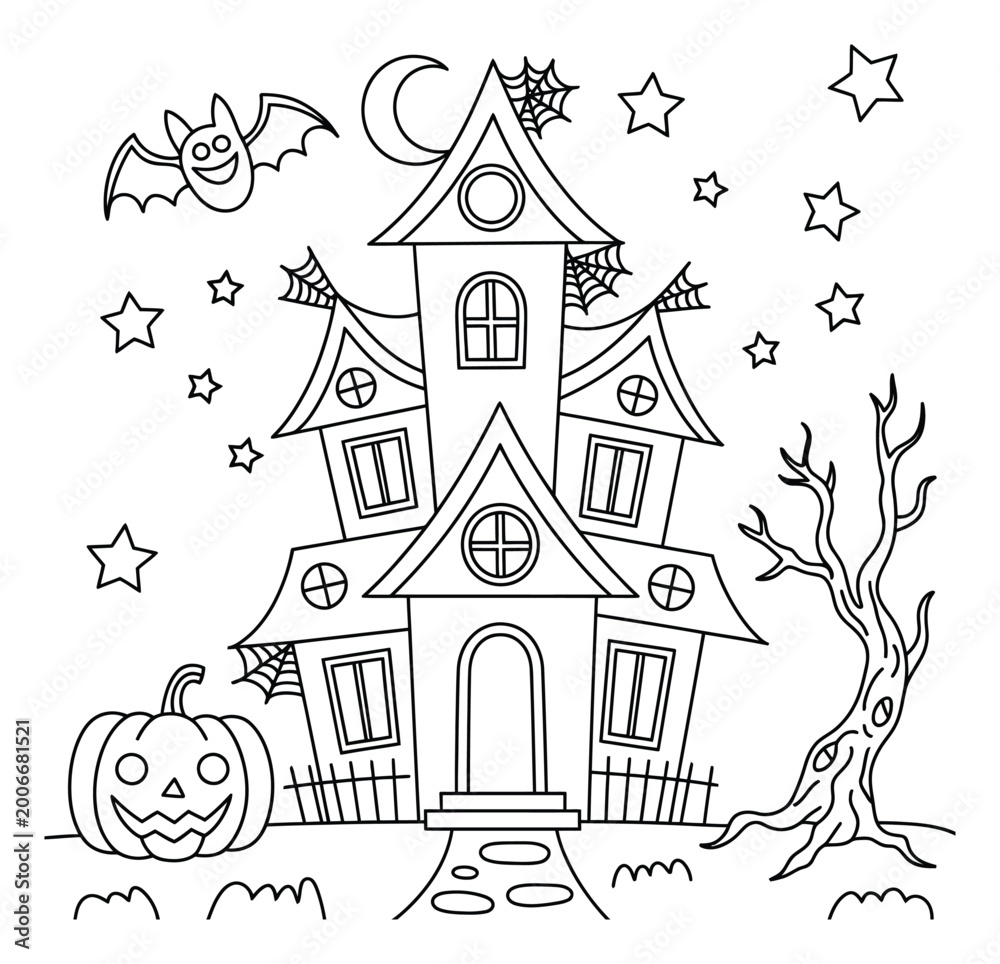 Fototapeta premium Spooky Haunted House with Bat, Pumpkin, and Stars Halloween Coloring Page