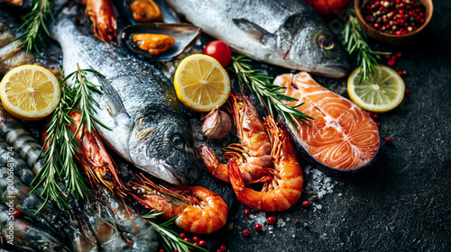Fresh fish and seafood assortment on black slate background