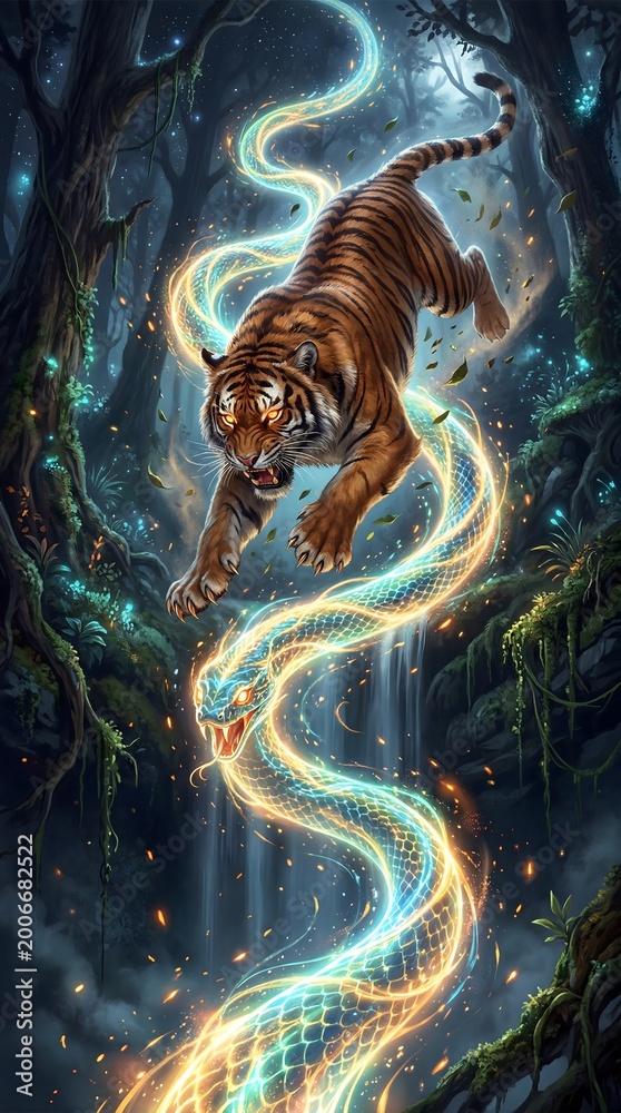 Obraz premium Tiger leaping with glowing serpent in enchanted forest waterfall