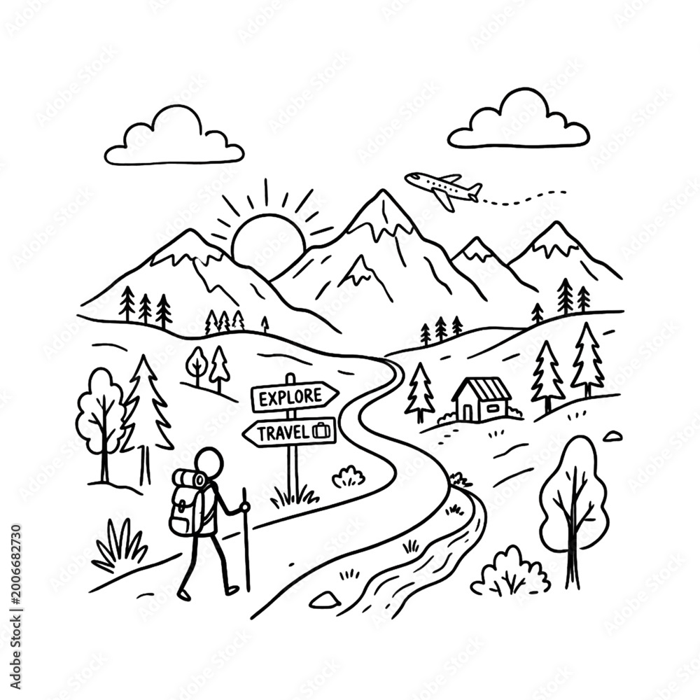 Fototapeta premium Outdoor Adventure Landscape with Hiker Road and Mountain Range Line Art