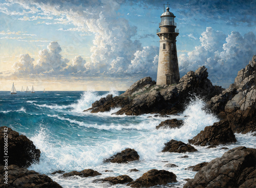 Majestic Lighthouse on Rocky Coast Oil Painting: Crashing Waves, Ocean Seascape, and Dramatic Cloudy Sky at Sunset