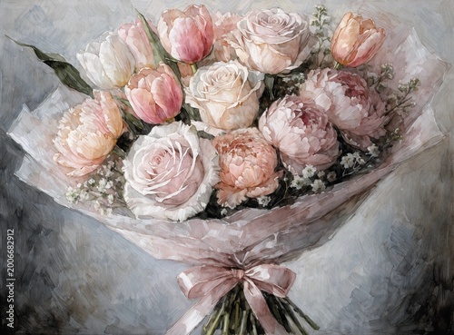 Soft Pink Floral Bouquet Oil Painting: Elegant Roses, Peonies, and Tulips in Paper Wrap with Satin Ribbon for Romance and Wedding Decor
