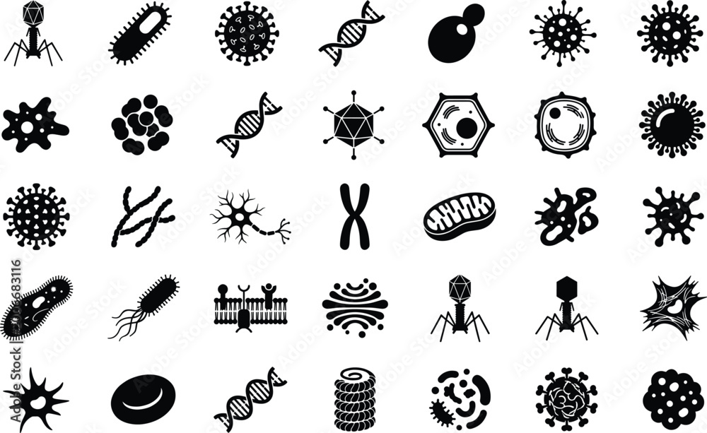 Fototapeta premium Microbiology icons and biological cell structures set with viruses bacteria and dna helixes