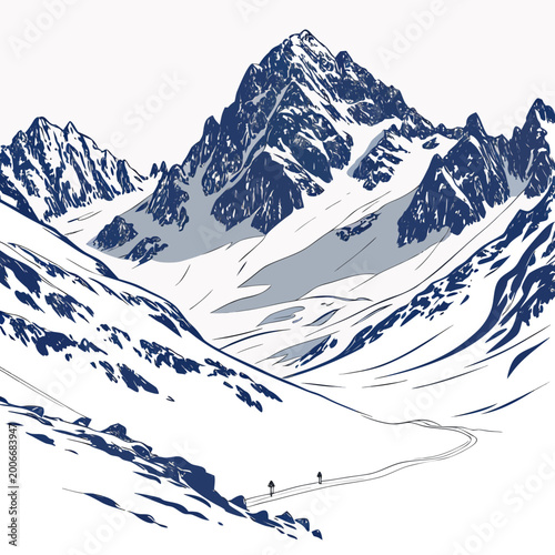 Photos mountain range illustration with snow and hikers blue and white