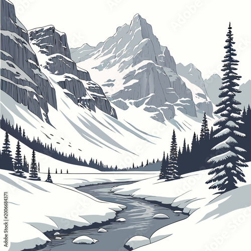 Konstfotografi mountain valley landscape with snow covered peaks and winding river