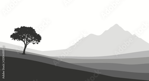 Fotografie Minimalist serene landscape with a solitary tree on a rolling hill and layered mountains under a clear sky
