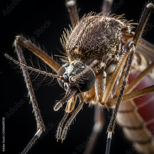 Extreme macro detail of a common mosquito, highlighting its intricate head and body structure