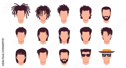 Diverse set of male avatars featuring various trendy hairstyles such as dreadlocks, mohawks, mullets, beards, and stylish hats.