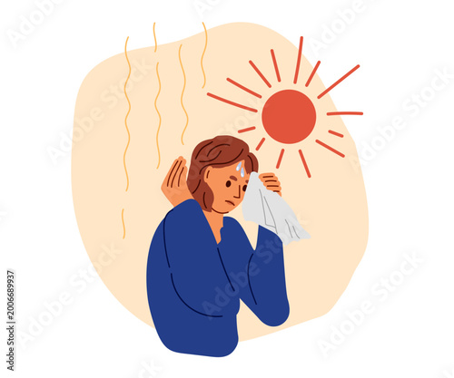 Girl suffering from heat and she holds handkerchief to his forehead. Blazing sun shines, girl sweating, hot air. Vector illustration for heatwave awareness, summer discomfort, climate change effects