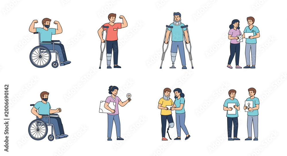 Fototapeta premium Inclusive set of characters showing people with physical disabilities including wheelchair users, amputees with prosthetics, and individuals on crutches.