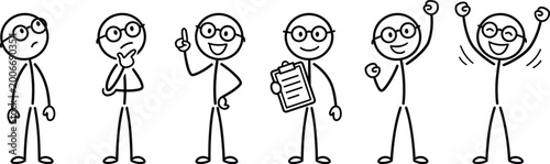 Fotografia Six stick figure characters with glasses showing a problem solving workflow from