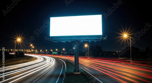 Bright blank billboard illuminated at night along a busy highway with streaking car lights